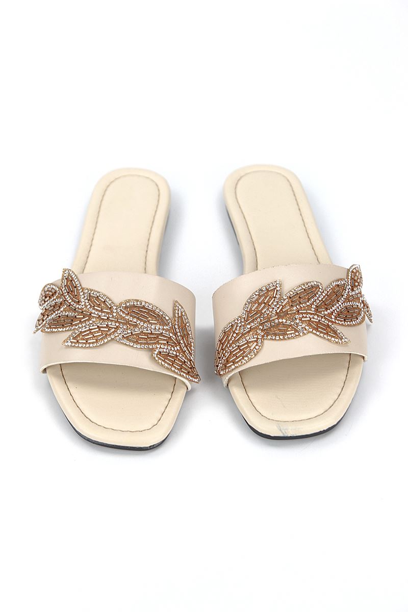 Lioren Bej Cilt El Yapımı Yaprak Taş Detaylı Kadın Terlik