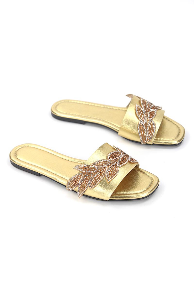 Lioren Dore Metalik El Yapımı Yaprak Taş Detaylı Kadın Terlik