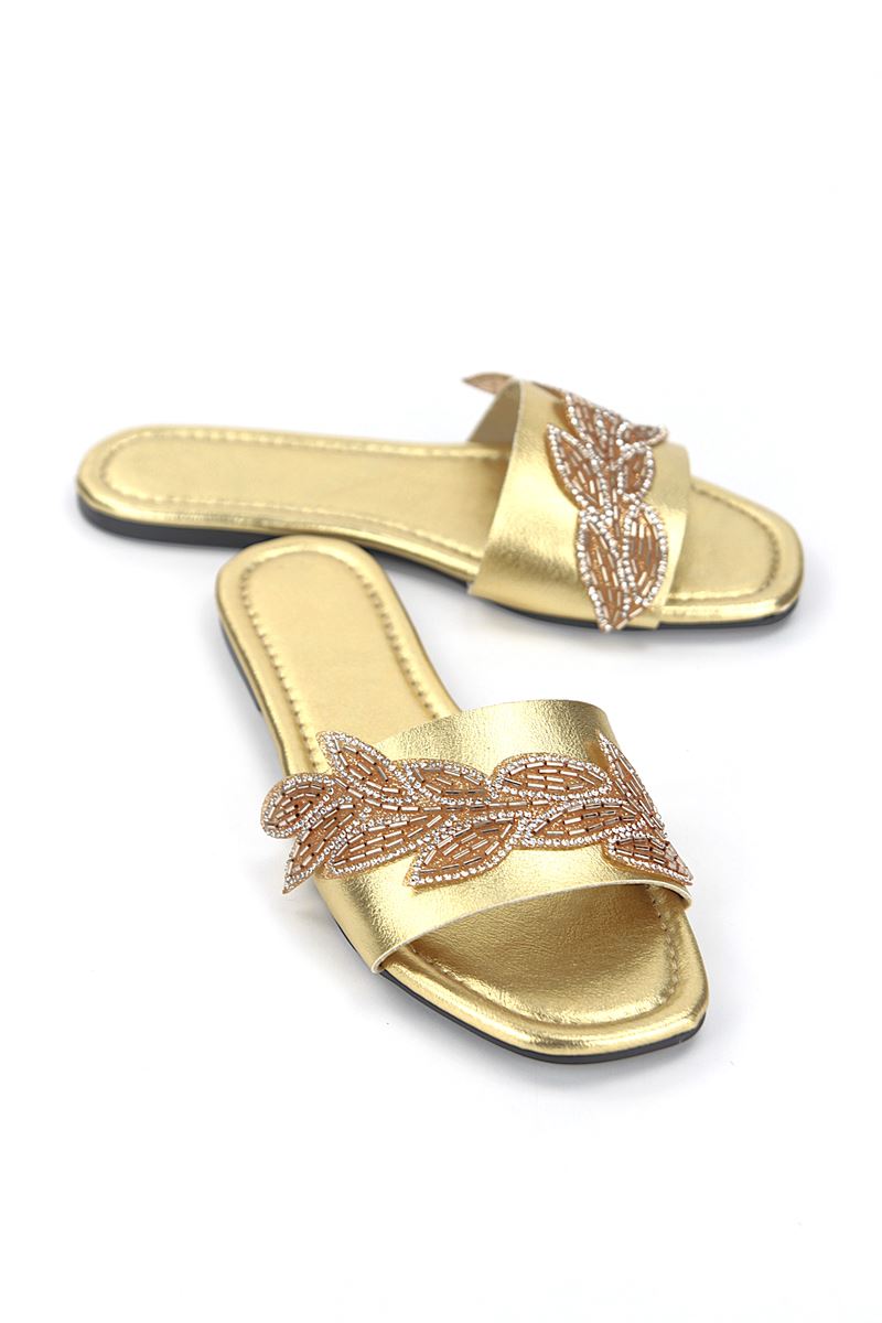 Lioren Dore Metalik El Yapımı Yaprak Taş Detaylı Kadın Terlik