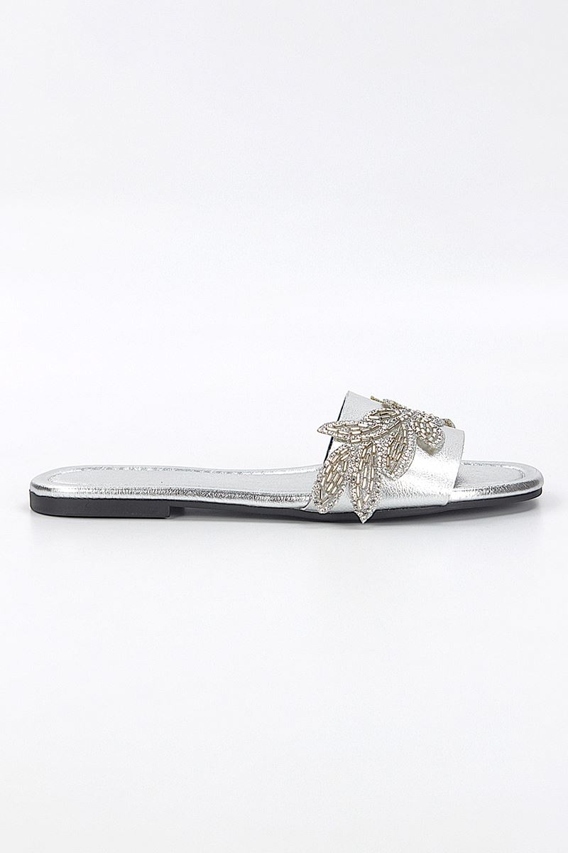 Lioren Lame Metalik El Yapımı Yaprak Taş Detaylı Kadın Terlik