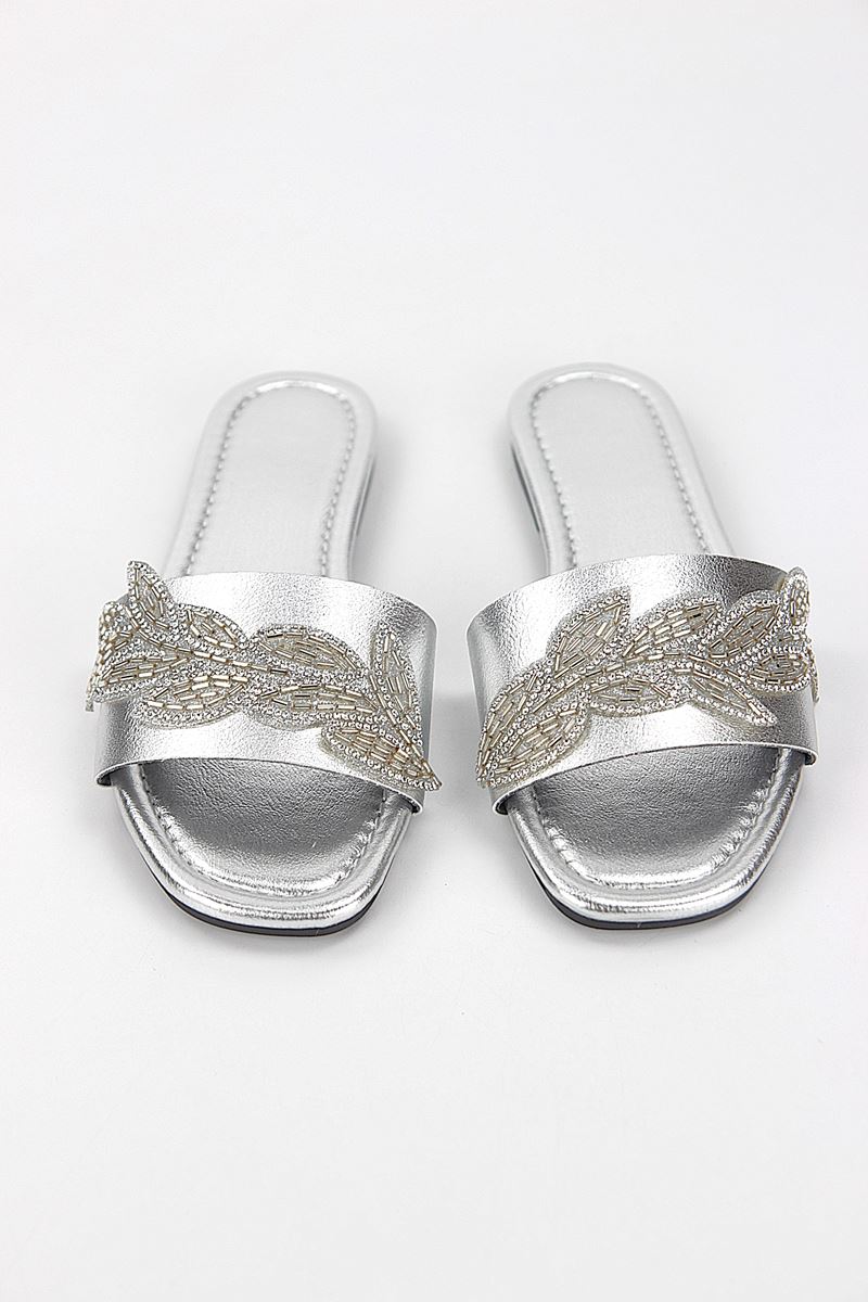 Lioren Lame Metalik El Yapımı Yaprak Taş Detaylı Kadın Terlik