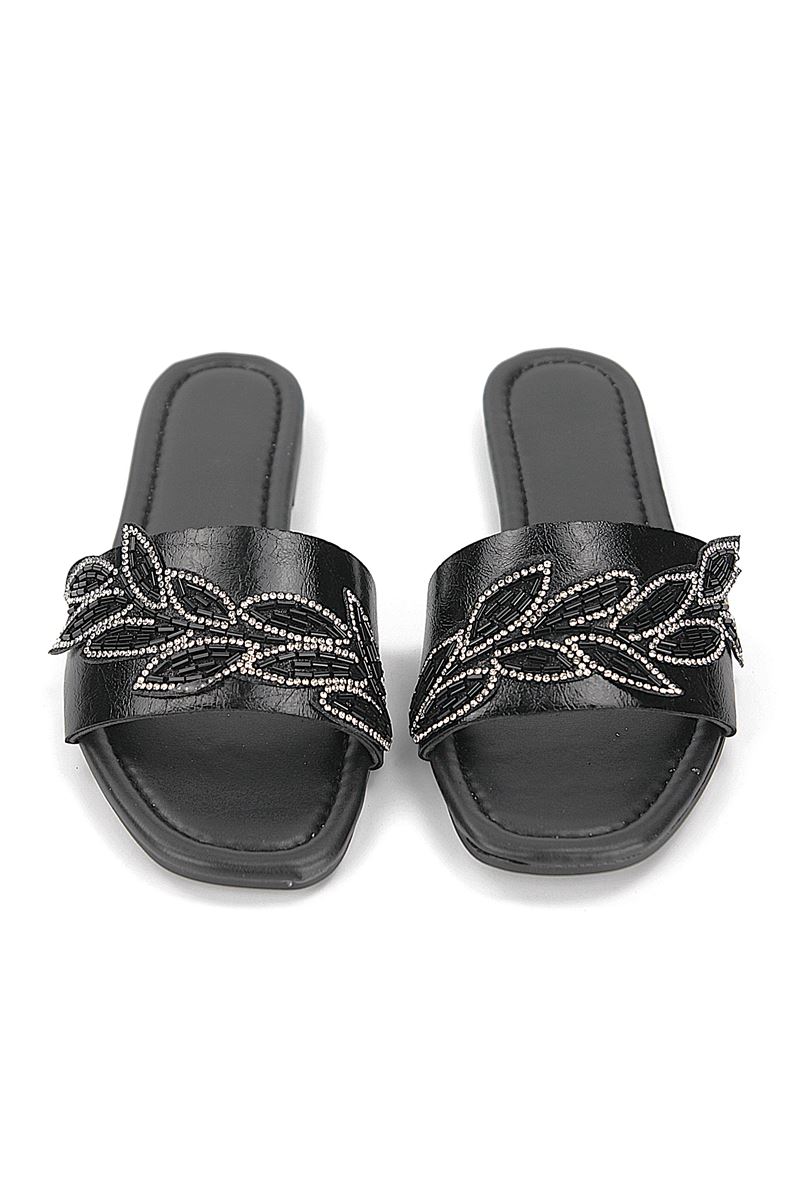 Lioren Siyah Rugan El Yapımı Yaprak Taş Detaylı Kadın Terlik