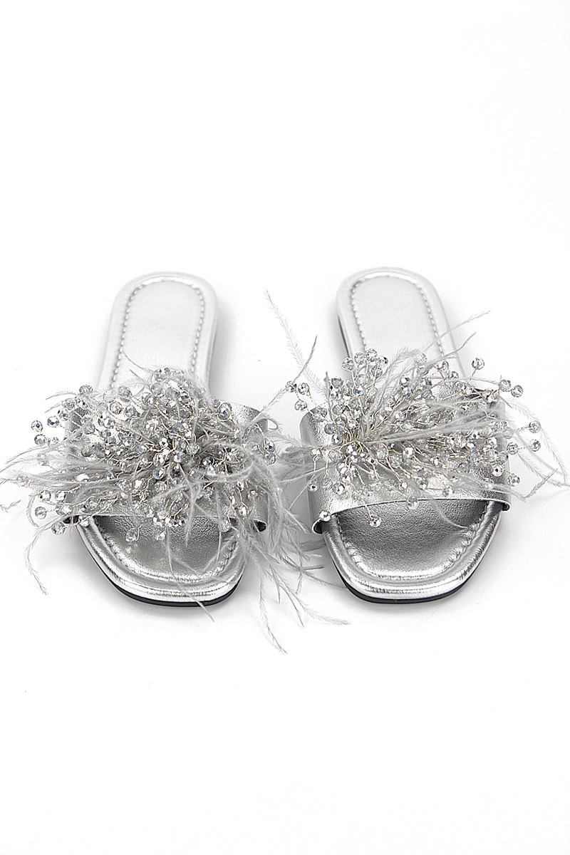 Paloma Lame Metalik El Yapımı Tüylü Boncuk Taş Detaylı Kadın Terlik