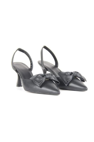 Ember Siyah Cilt Fiyonklu Orta Topuklu(6 cm) Klasik Topuklu Ayakkabı