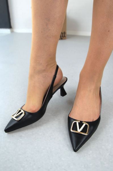 Caitlin Siyah Cilt Tokalı Alçak Topuklu(4 cm) Klasik Topuklu Ayakkabı