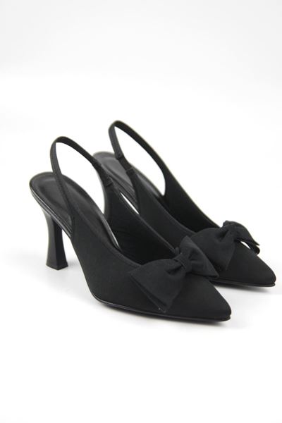 Texas Kadın Siyah Mat Saten Fiyonklu Orta Topuklu (8 cm) Topuklu Ayakkabı