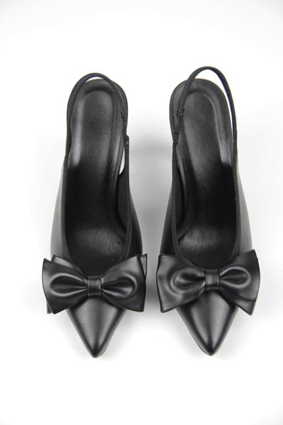 Texas Kadın Siyah Cilt Fiyonklu Orta Topuklu (8 cm) Topuklu Ayakkabı