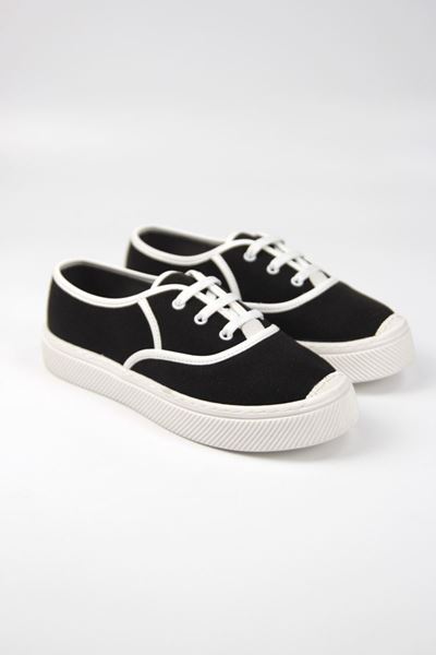 Lona Kadın Siyah Keten Beyaz Taban Bağcıklı Sneakers