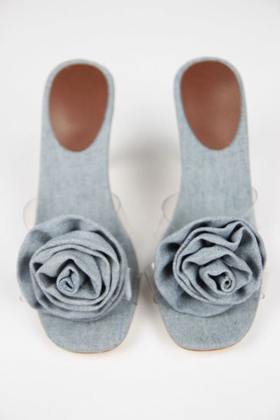 Harper Kadın Gül Aksesuarlı Kot Mavi Keten Şeffaf Şeritli Orta Topuk (8 CM ) Topuklu Terlik