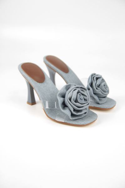 Harper Kadın Gül Aksesuarlı Kot Mavi Keten Şeffaf Şeritli Orta Topuk (8 CM ) Topuklu Terlik