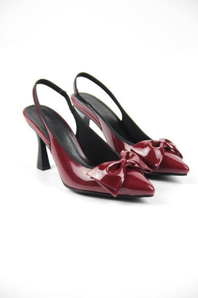 Texass Kadın Bordo Parlak Cilt Fiyonklu Orta Topuklu (8 cm) Topuklu Ayakkabı