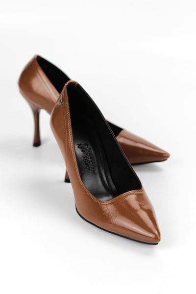 Jimena Esnek Yumuşak Kaymaz Taban (8 cm) Taba Rugan Kadın Topuklu Ayakkabı