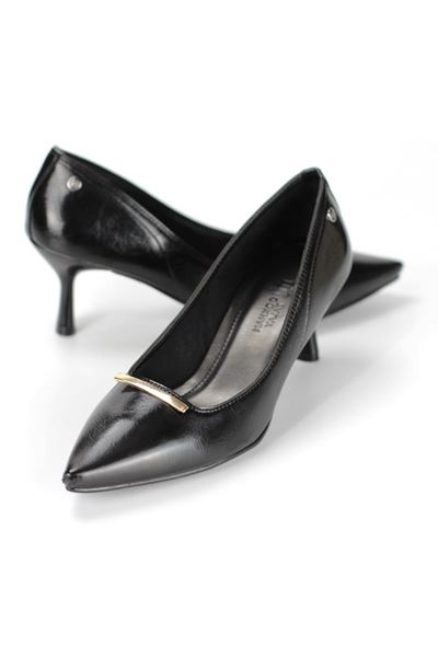 Sasha Esnek Yumuşak Kaymaz Taban (4 cm) Siyah Rugan İnce Çubuk Toka Kadın Topuklu Ayakkabı