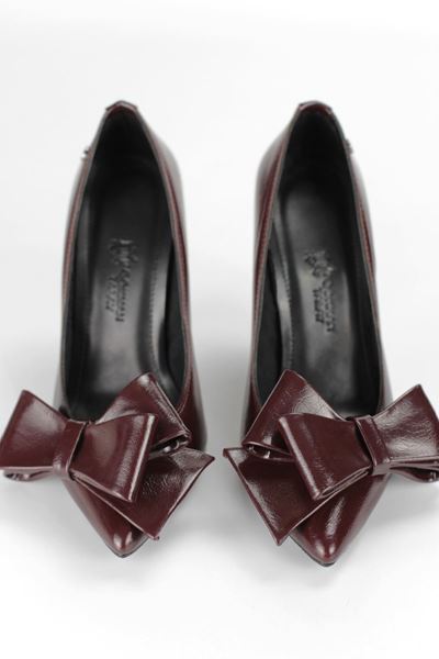 Elizaveta Esnek Yumuşak Kaymaz Taban (11 cm) Bordo Rugan Kalın Fiyonk Kadın Topuklu Ayakkabı