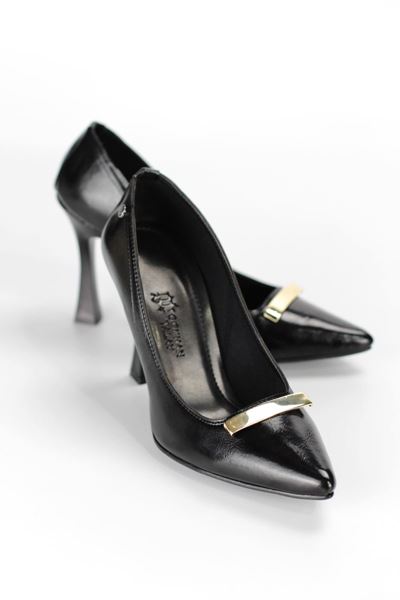 Arisha Esnek Yumuşak Kaymaz Taban (10 cm) Siyah Rugan Çubuk Toka Kadın Topuklu Ayakkabı