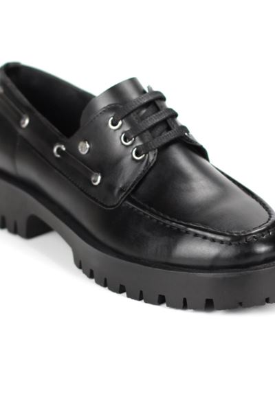 Galya Siyah Cilt Bağcıklı Loafer Kadın Ayakkabı