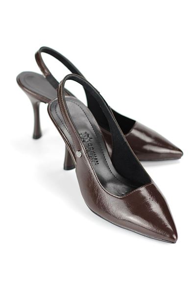 Lavender Esnek Yumuşak Kaymaz Taban (8 cm) Kahverengi Rugan  Açık Lastikli Kadın Topuklu Ayakkabı