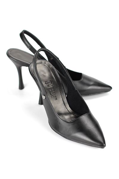 Lavender Esnek Yumuşak Kaymaz Taban (8 cm) Siyah Cilt Açık Lastikli Kadın Topuklu Ayakkabı