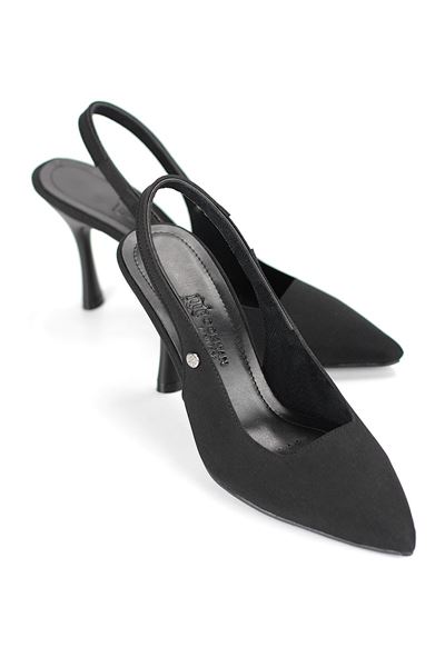 Lavender Esnek Yumuşak Kaymaz Taban (8 cm) Siyah Süet Açık Lastikli Kadın Topuklu Ayakkabı