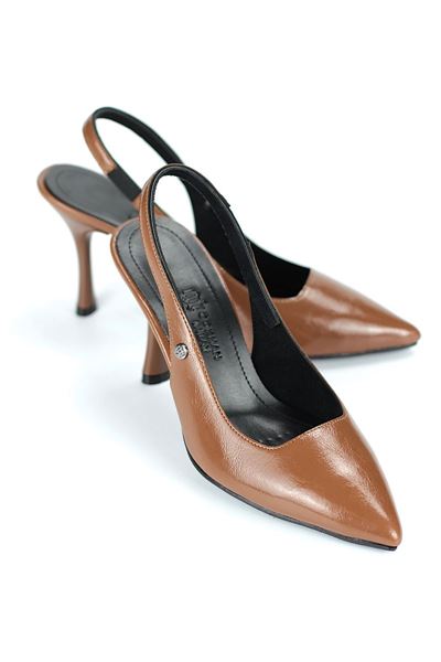 Lavender Esnek Yumuşak Kaymaz Taban (8 cm) Taba Rugan  Açık Lastikli Kadın Topuklu Ayakkabı