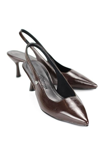 Magnolia Esnek Yumuşak Kaymaz Taban (4 cm) Kahverengi Rugan  Açık Lastikli Kadın Topuklu Ayakkabı