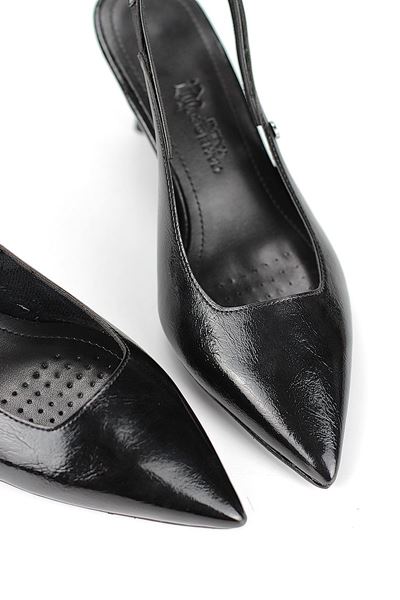 İlya Esnek Yumuşak Kaymaz Taban (4 cm) Siyah Rugan  Açık Lastikli Kadın Kalın Topuklu Ayakkabı