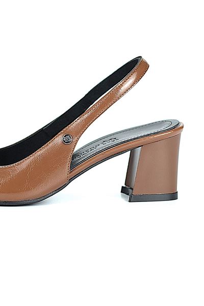 İlya Esnek Yumuşak Kaymaz Taban (4 cm) Taba Rugan  Açık Lastikli Kadın Kalın Topuklu Ayakkabı