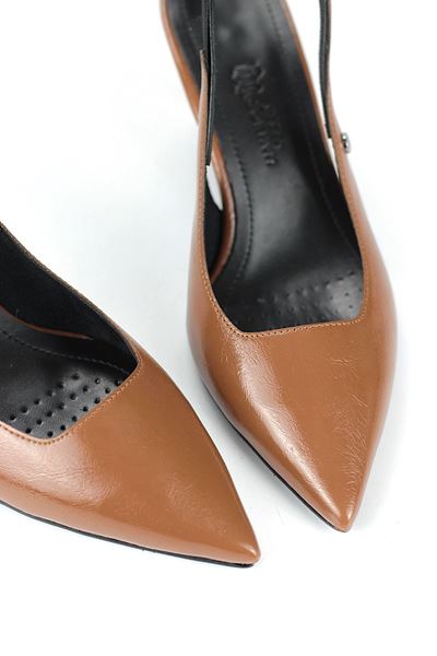 İlya Esnek Yumuşak Kaymaz Taban (4 cm) Taba Rugan  Açık Lastikli Kadın Kalın Topuklu Ayakkabı