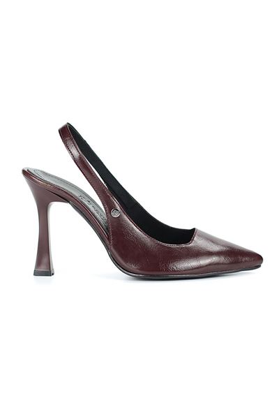 Margaret  Esnek Yumuşak Kaymaz Taban (10 cm) Bordo Rugan  Açık Lastikli Kadın Kalın Topuklu Ayakkabı