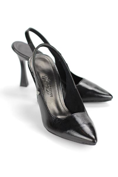 Margaret  Esnek Yumuşak Kaymaz Taban (10 cm) Siyah Rugan  Açık Lastikli Kadın Kalın Topuklu Ayakkabı