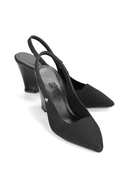 Agape  Esnek Yumuşak Kaymaz Taban (8cm) Siyah Süet  Açık Lastikli Kadın Dolgu Topuklu Ayakkabı