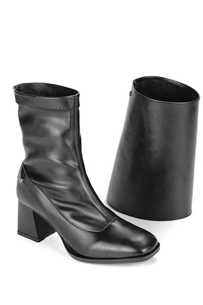 Lunelle Siyah Cilt Esnek Yumuşak Kaymaz Taban Köşeli Topuk (6cm) Streç Bot