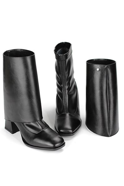 Lunelle Siyah Cilt Esnek Yumuşak Kaymaz Taban Köşeli Topuk (6cm) Streç Bot