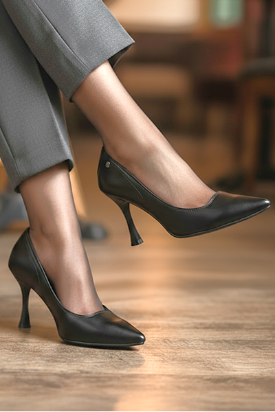 Jimena Esnek Yumuşak Kaymaz Taban (8 cm) Siyah Cilt Kadın Topuklu Ayakkabı