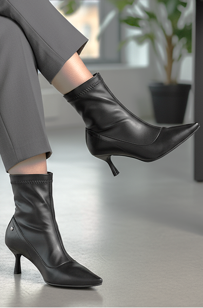 Sylvie Siyah Cilt Esnek Yumuşak Kaymaz Taban (6cm) Streç Bot