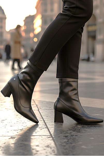 Sylvie Siyah Esnek Yumuşak Kaymaz Taban Kalın Orta Topuklu( 6 cm) Streç Bot