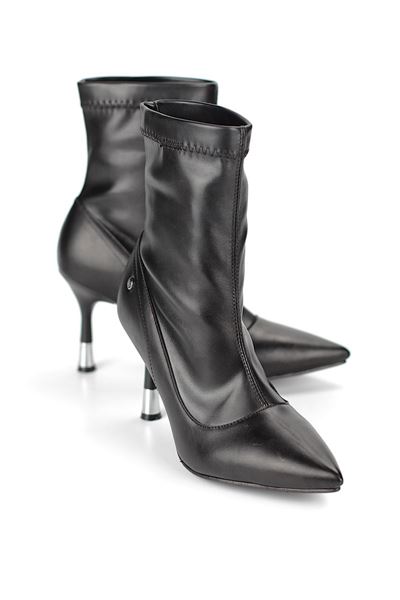 Lunex Siyah Cilt Esnek Yumuşak Kaymaz Taban (8cm)  Gümüş  Topuk Detaylı Streç Bot