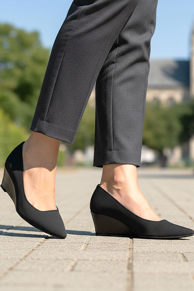 Pia Esnek Yumuşak Kaymaz Taban (4 cm) Kadın Dolgu Topuk Siyah Süet Ayakkabı