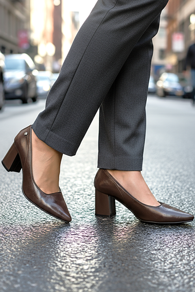 Nevra Esnek Yumuşak Kaymaz Taban (7 cm) Kahverengi Rugan Kadın Kalın Topuklu Ayakkabı