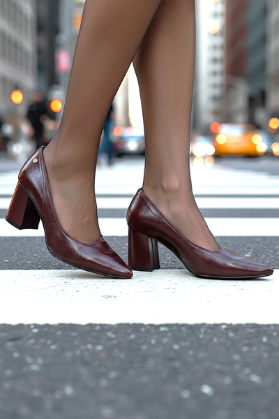 Nevra Esnek Yumuşak Kaymaz Taban (7 cm) Bordo Rugan Kadın Kalın Topuklu Ayakkabı