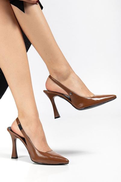 Margaret  Esnek Yumuşak Kaymaz Taban (10 cm) Taba Rugan  Açık Lastikli Kadın Kalın Topuklu Ayakkabı