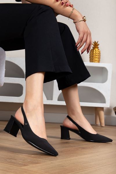 İlya Esnek Yumuşak Kaymaz Taban (4 cm) Siyah Süet  Açık Lastikli Kadın Kalın Topuklu Ayakkabı