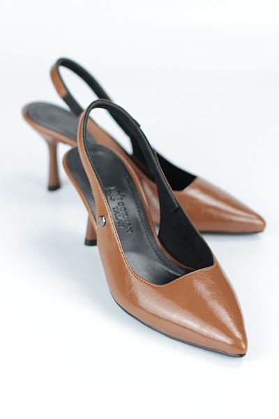 Vivienne Esnek Yumuşak Kaymaz Taban (7 cm) Taba Rugan Açık Lastikli Kadın Topuklu Ayakkabı