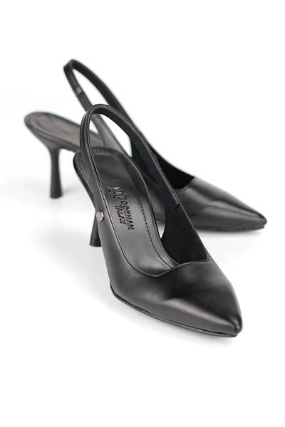 Vivienne Esnek Yumuşak Kaymaz Taban (7 cm)  Siyah Cilt Açık Lastikli Kadın Topuklu Ayakkabı