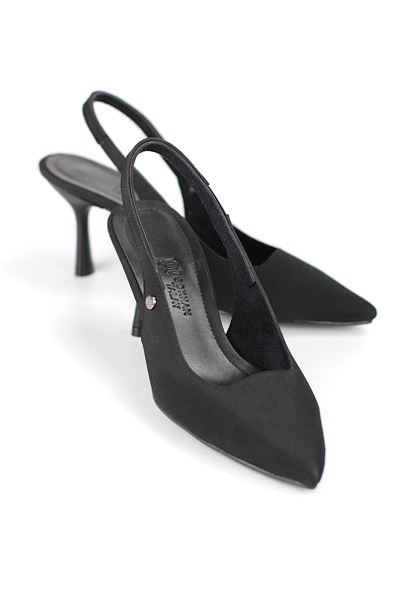 Vivienne Esnek Yumuşak Kaymaz Taban (7 cm) Siyah Süet Açık Lastikli Kadın Topuklu Ayakkabı