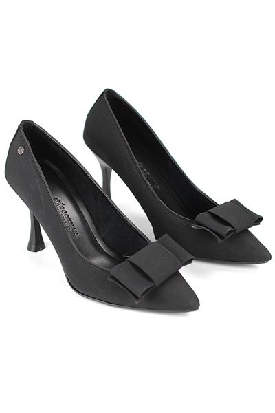 Polina Esnek Yumuşak Kaymaz Taban (8 cm) Siyah Süet Köşe Fiyonk Kadın Topuklu Ayakkabı