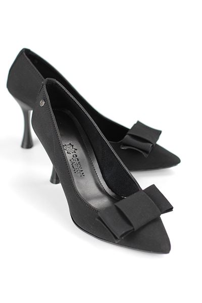 Polina Esnek Yumuşak Kaymaz Taban (8 cm) Siyah Süet Köşe Fiyonk Kadın Topuklu Ayakkabı