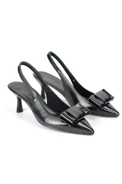 Rivva Esnek Yumuşak Kaymaz Taban (4 cm) Siyah Rugan  Açık Lastikli Köşe Fiyonk Kadın Topuklu Ayakkabı