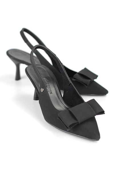 Rivva Esnek Yumuşak Kaymaz Taban (4 cm) Siyah Süet  Açık Lastikli Köşe Fiyonk Kadın Topuklu Ayakkabı