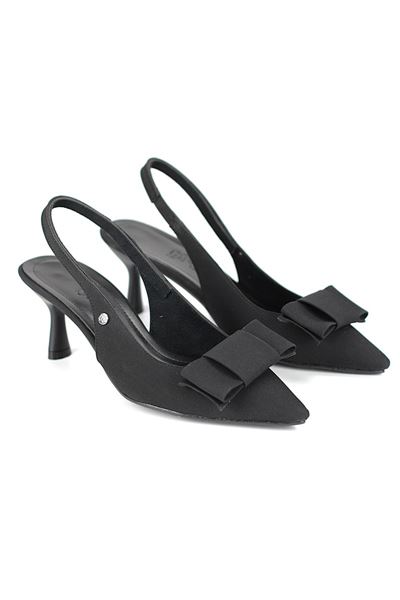 Rivva Esnek Yumuşak Kaymaz Taban (4 cm) Siyah Süet  Açık Lastikli Köşe Fiyonk Kadın Topuklu Ayakkabı